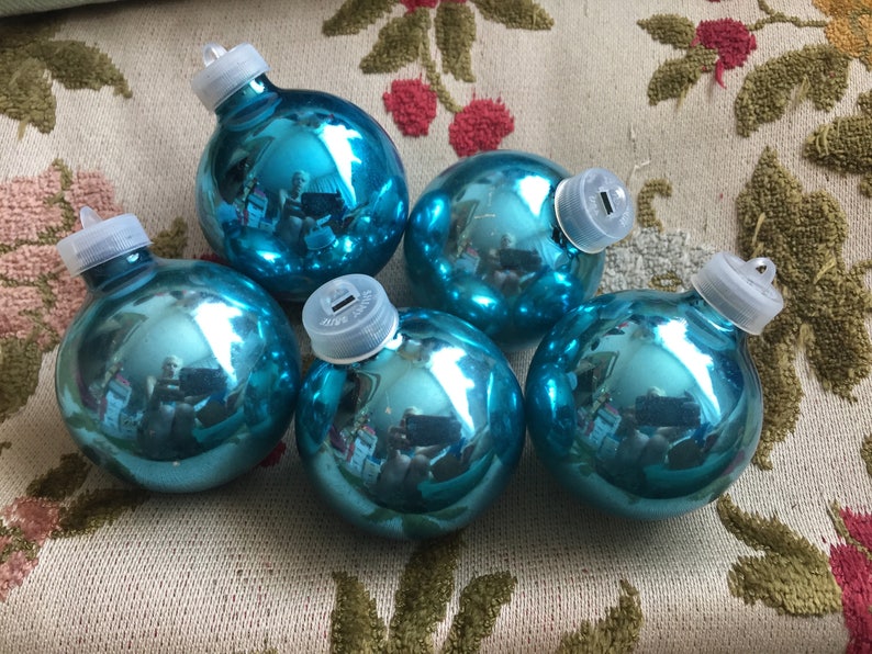 Blue Ornaments Set of 5 Mini Glass Vintage Shiny Brite Distressed Glass Christmas Tree Retro Holiday Decor Clear Plastic Toppers