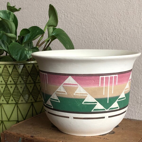 Planter Bowl White Ceramic Southwestern Boho Tribal Pyramid Pottery Vintage Distressed Green Beige Pink Sioux Pottery