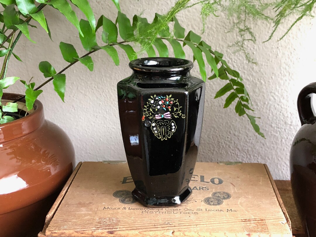 Black Vase Vintage Floral Painted Pink Bow Ceramic Made in Etsy