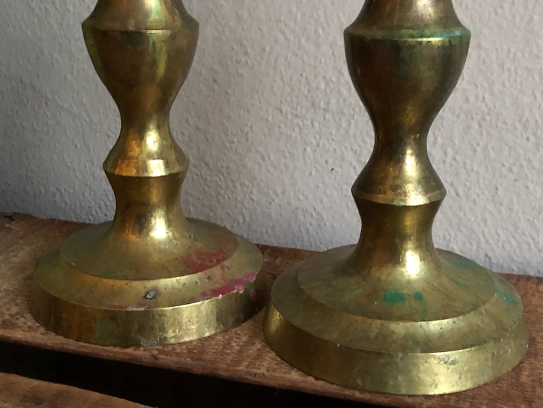 Brass Candlesticks Set of 2 Tall Gold Metal Vintage Distressed Mantel Home Decor Boho Farmhouse
