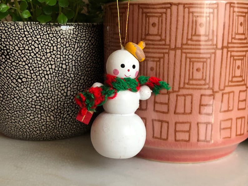Snowman Ornament Wooden Painted Yellow Hat Distressed Vintage Christmas Holiday Decor Frosty Scarf Gift