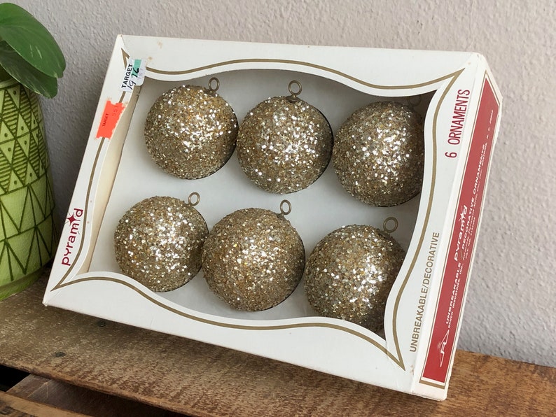 Gold Glitter Ornament Set of 6 Ornaments Vintage Christmas Holiday Decor Styrofoam Metallic