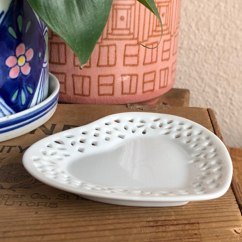 Heart Plate White Tray Ring Dish Cut Out Vintage Vanity Jewelry Ceramic