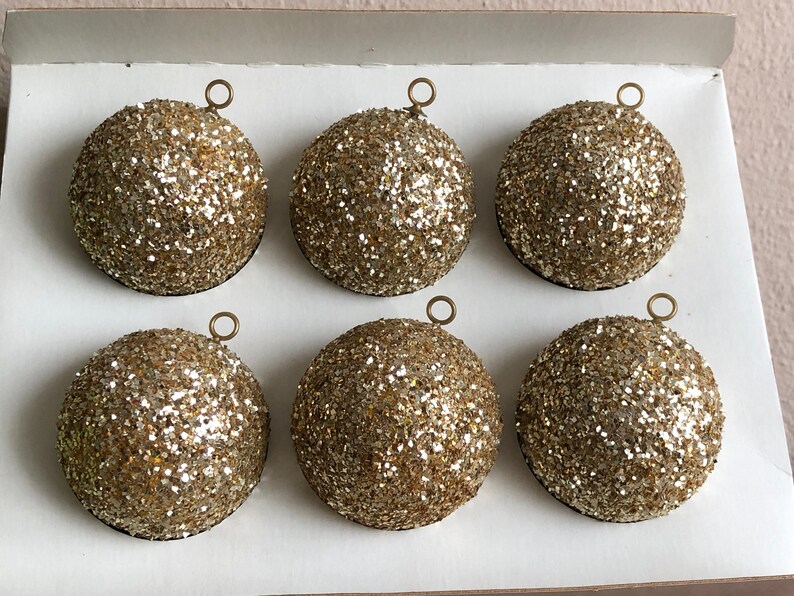 Gold Glitter Ornament Set of 6 Ornaments Vintage Christmas Holiday Decor Styrofoam Metallic