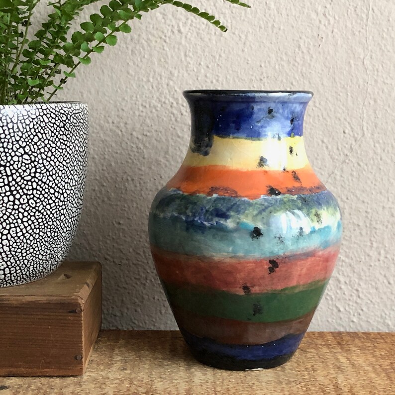 Striped Vase Blue Ceramic Vintage Distressed Handmade Pottery