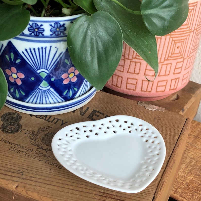 Heart Plate White Tray Ring Dish Cut Out Vintage Vanity Jewelry Ceramic