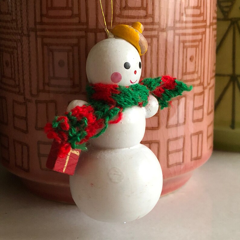 Snowman Ornament Wooden Painted Yellow Hat Distressed Vintage Christmas Holiday Decor Frosty Scarf Gift