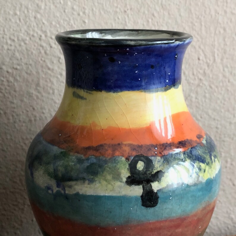 Striped Vase Blue Ceramic Vintage Distressed Handmade Pottery
