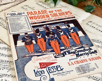 Parade Of The Wooden Soldiers Simplified Edition by Paoli Jessel Christmas Song 1932 Marks Vintage Distressed Piano Sheet Music