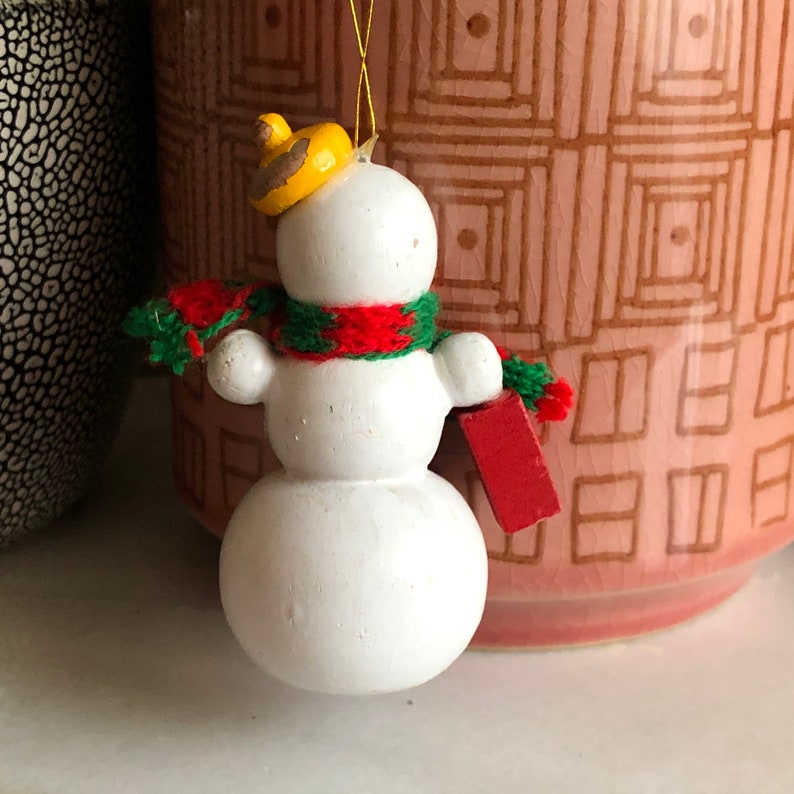 Snowman Ornament Wooden Painted Yellow Hat Distressed Vintage Christmas Holiday Decor Frosty Scarf Gift