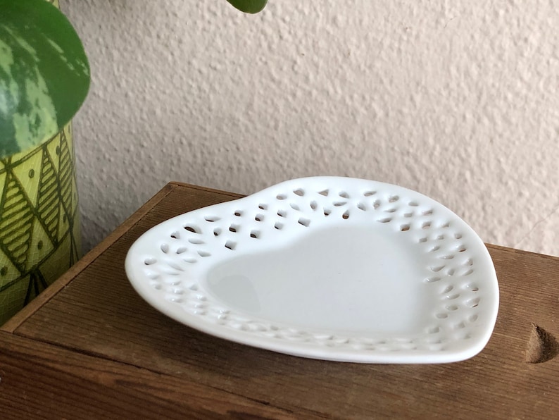 Heart Plate White Tray Ring Dish Cut Out Vintage Vanity Jewelry Ceramic