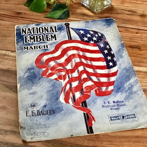 National Emblem March Song by Bagley Walter Jacobs American Flag 1911 Vintage Sheet Music Piano Book Antique