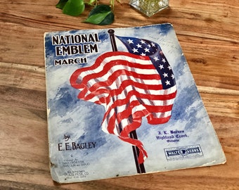 National Emblem March Song by Bagley Walter Jacobs American Flag 1911 Vintage Sheet Music Piano Book Antique