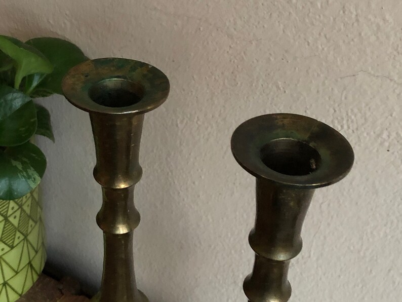 Brass Candlesticks Set of 2 Tall Gold Metal Vintage Distressed Mantel Home Decor Boho Farmhouse