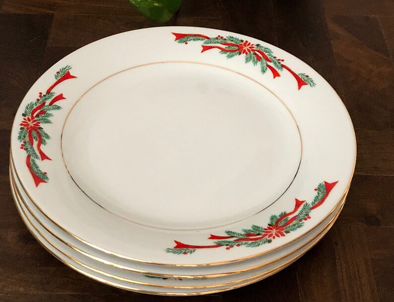 Christmas Plates Set of 4 Dessert Plates Side Plates Gold Rim | Etsy