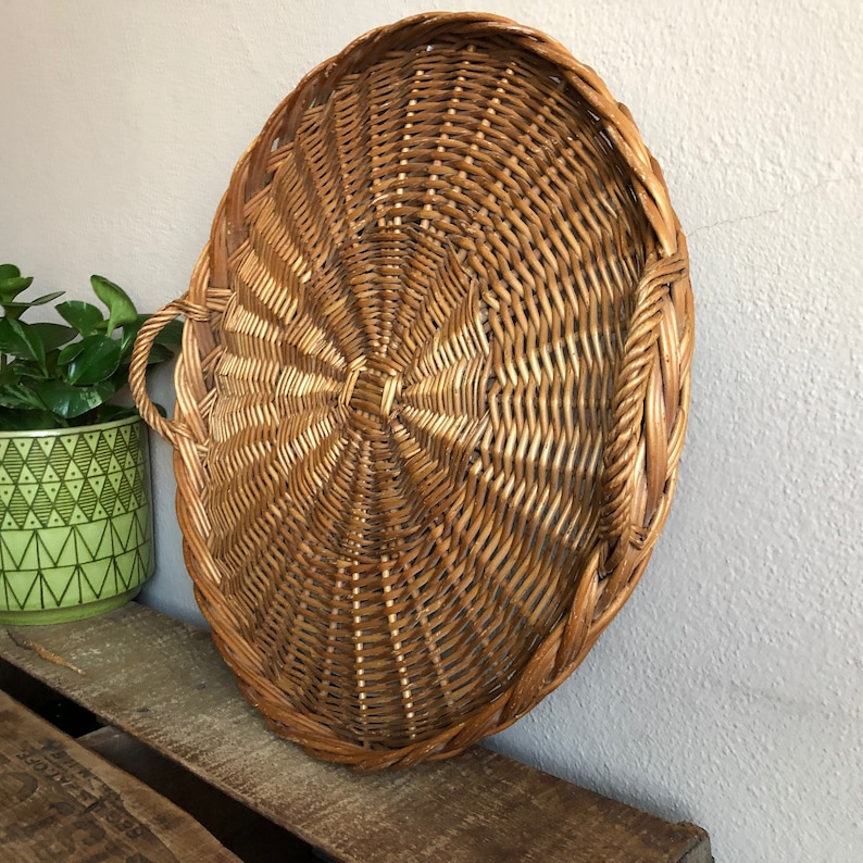 Basket Tray Large Woven Round Tray Vintage Distressed Wicker Etsy