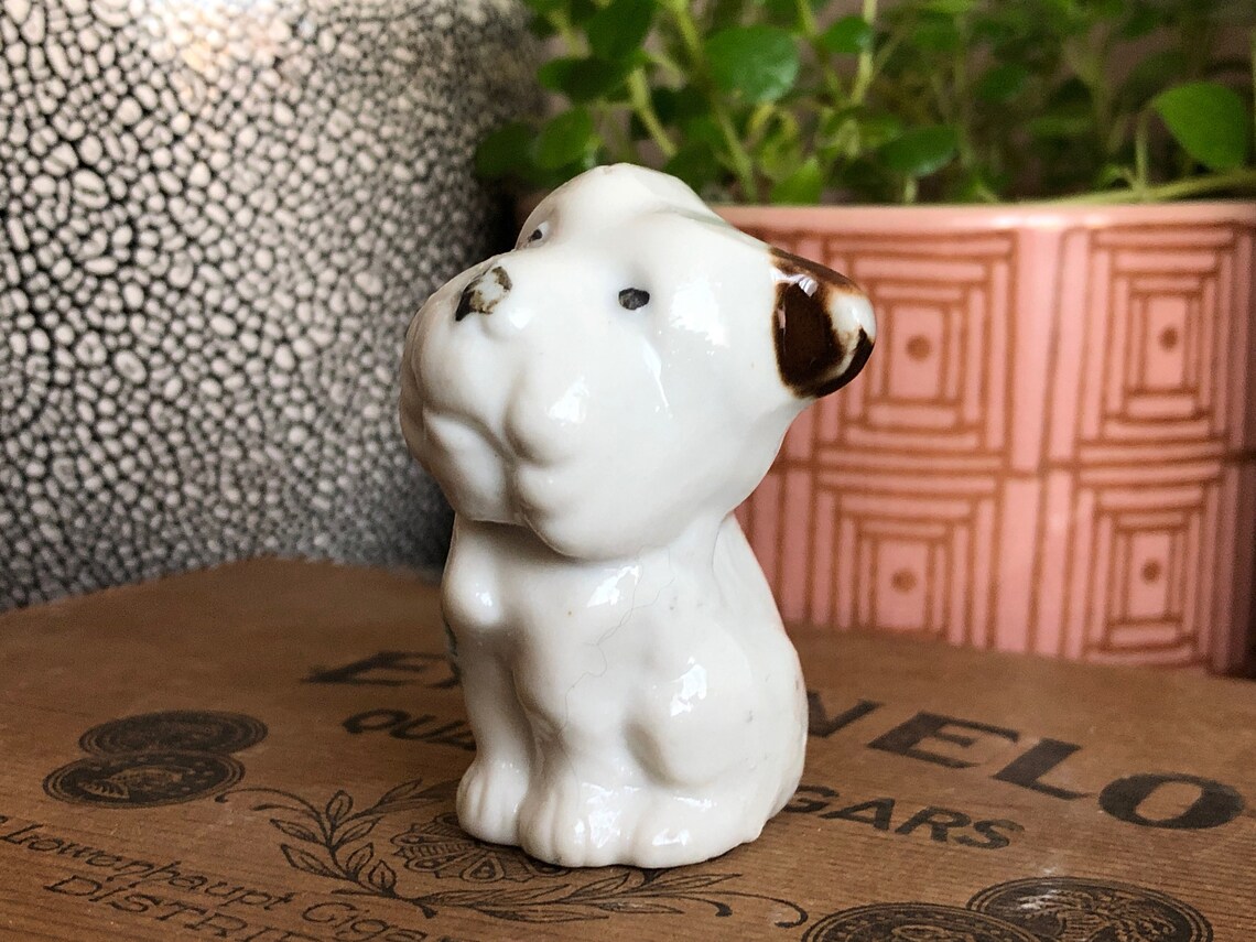 Dog Statue Small White Ceramic Blue Bow Vintage Distressed Etsy