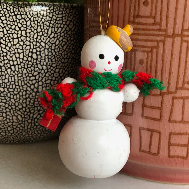 Snowman Ornament Wooden Painted Yellow Hat Distressed Vintage Christmas Holiday Decor Frosty Scarf Gift
