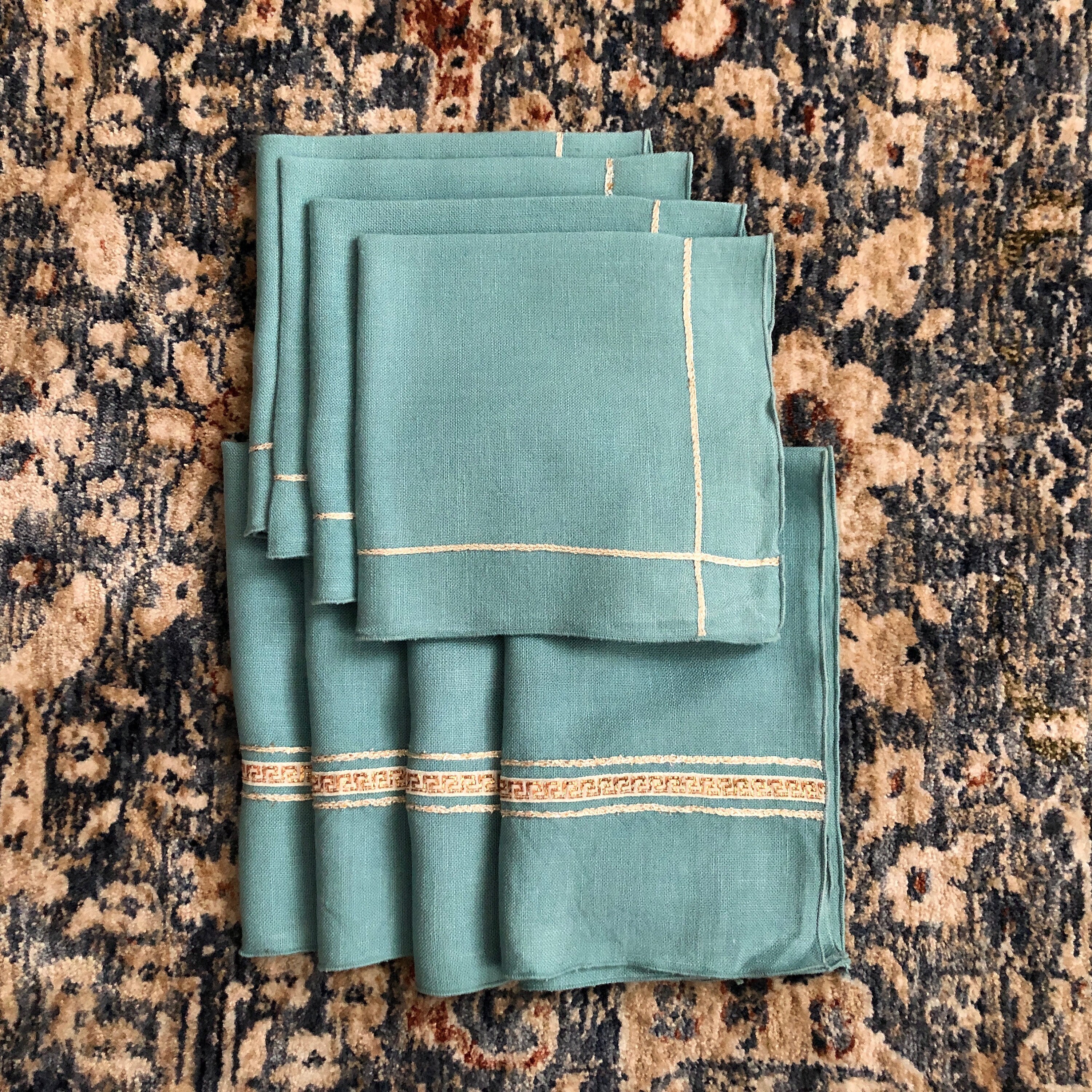 Blue Napkins Table Linens Set of 8 Gold White Trim Greek Key Etsy