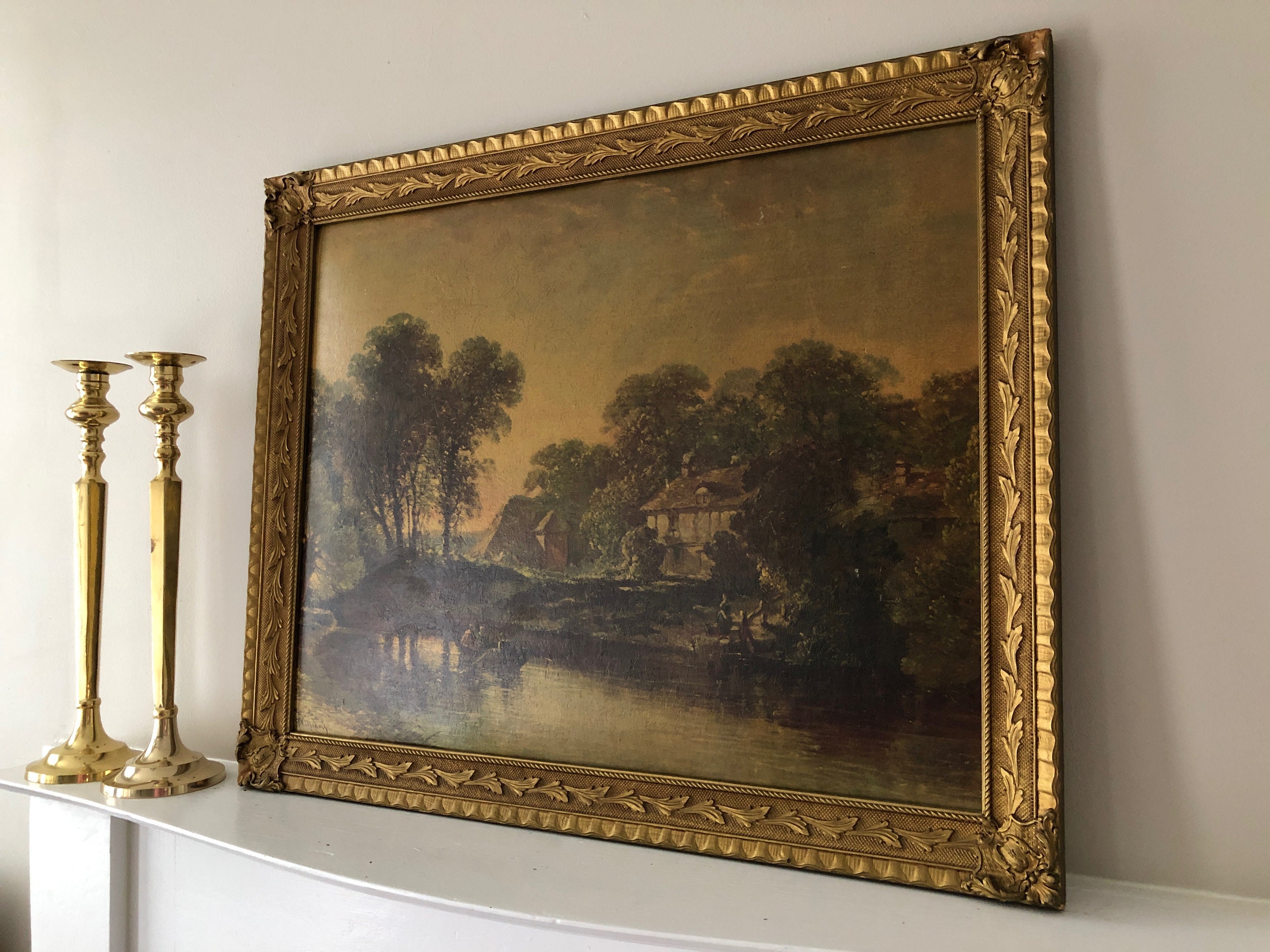 Gold Frame Landscape Print Artwork Carved Chippy Large Antique Etsy