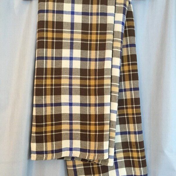 Plaid Blanket Bedspread Vintage Sears Brown Beige Yellow Blue Retro Bedding Anthro 56in x 100in