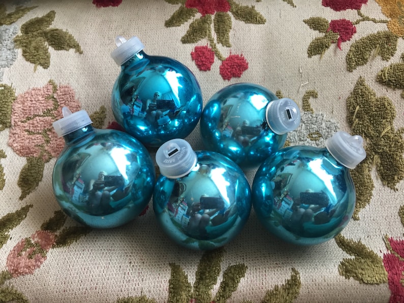 Blue Ornaments Set of 5 Mini Glass Vintage Shiny Brite Distressed Glass Christmas Tree Retro Holiday Decor Clear Plastic Toppers