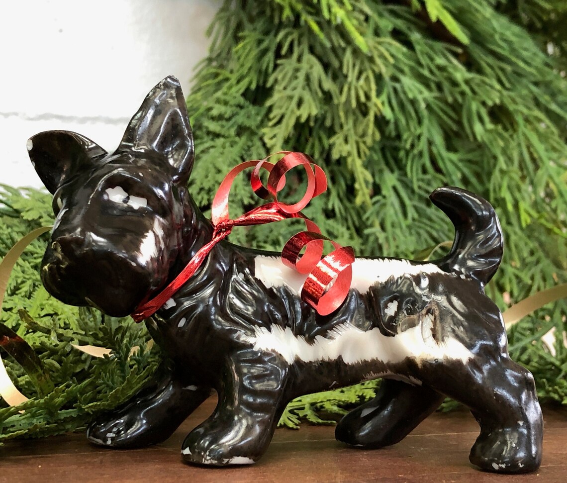 Scottie Dog Statue Christmas Dog Black White Ceramic Vintage Etsy
