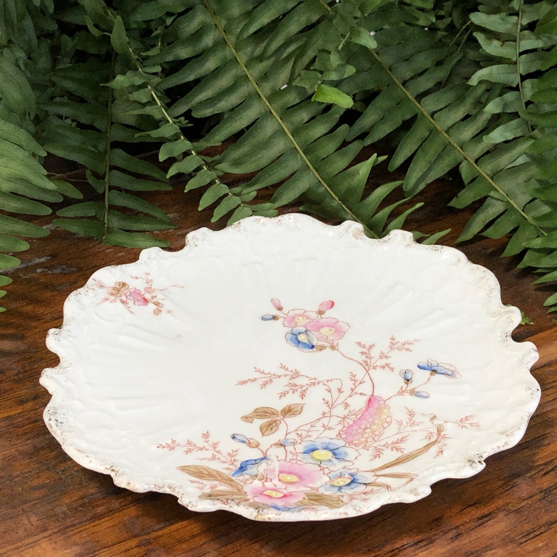 Floral Plate Painted Jewelry Dish Pink Blue White Ceramic Etsy