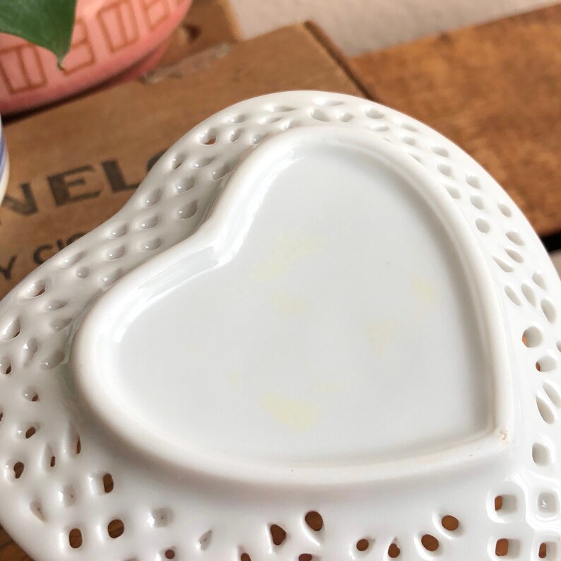 Heart Plate White Tray Ring Dish Cut Out Vintage Vanity Jewelry Ceramic