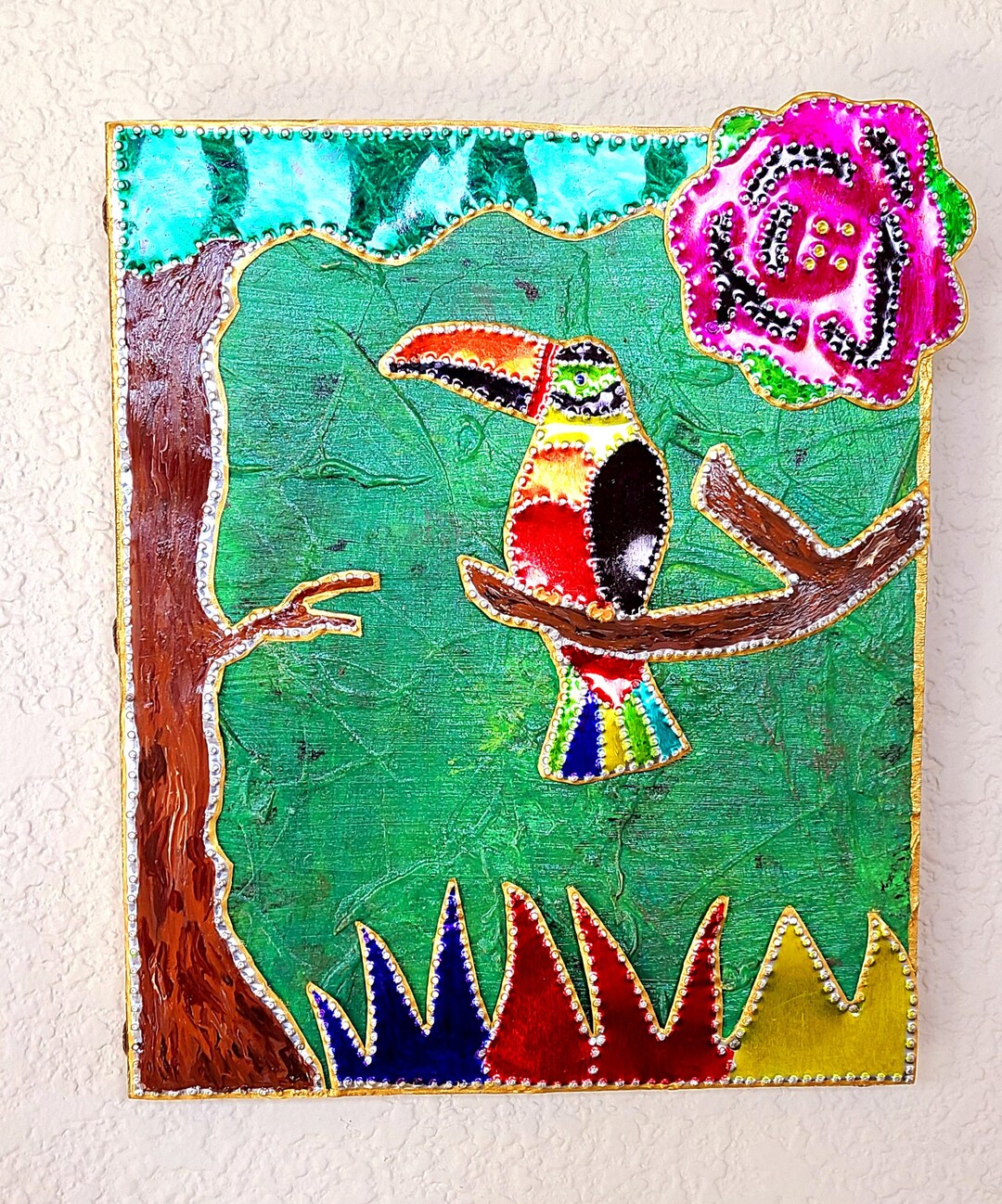 Mexican Tin Art Work Panel Tucan Tropical by Artist Katie Etsy