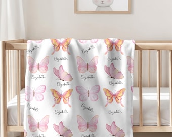 Manta de bebé con mariposas personalizada, manta de bebé rosa y naranja, manta polar con nombre personalizado, ropa de cama con mariposas para guardería, regalo para niña recién nacida.
