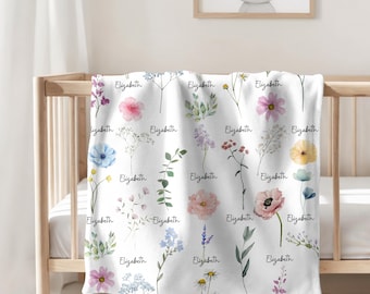 Manta personalizada para bebé niña, manta envolvente con flores silvestres, regalo para bebé con nombre personalizado, decoración floral para habitación infantil, manta envolvente para niña recién nacida, temática de jardín.