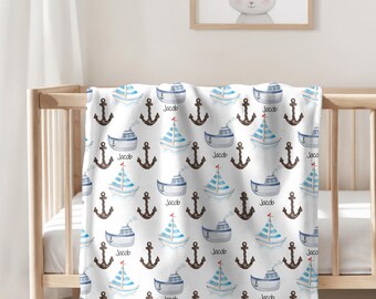 Manta náutica personalizada para bebé, temática de ancla de velero, decoración personalizada para habitación infantil.
