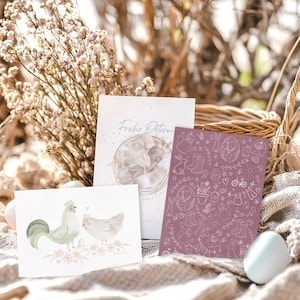 Set di cartoline di Pasqua | Primavera | A6 | Set di 3 | Polli | Nido di Pasqua | Coniglio | Fiori |  Regalo | Biglietto d'auguri | Acquerello | Pasqua | Uovo |Famiglia