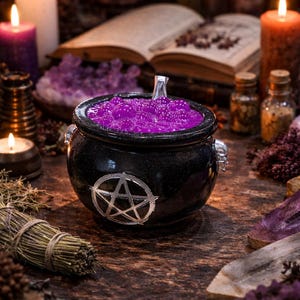 May include: A black cauldron with a silver pentagram design, filled with bubbling purple liquid. Lit candles, open books, and small glass bottles surround the cauldron, creating a mystical, witchy theme. The scene is set on a dark wooden surface.