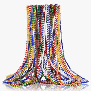 May include: A collection of colorful beaded necklaces in various colors, including red, white, blue, yellow, and green. The necklaces are arranged in a cascading pattern, creating a visually appealing display. The beads appear to be small and uniform in size.