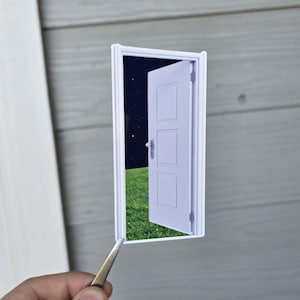 May include: A white door with a window pane opens to reveal a starry night sky and a field of green grass.
