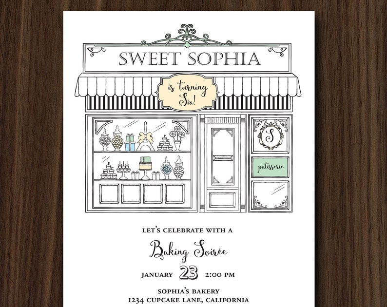 5x7 Inch Paris Cafe Bakery Birthday Invitation French Bakery Theme Invite Baking Party Birthday Digital File