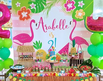 DIGITAL FILE Backdrop Poster: Flamingo Hawaiian Birthday Printable Banner Backdrop 84x72 inches, Flamingo Party, Flamingo Poster