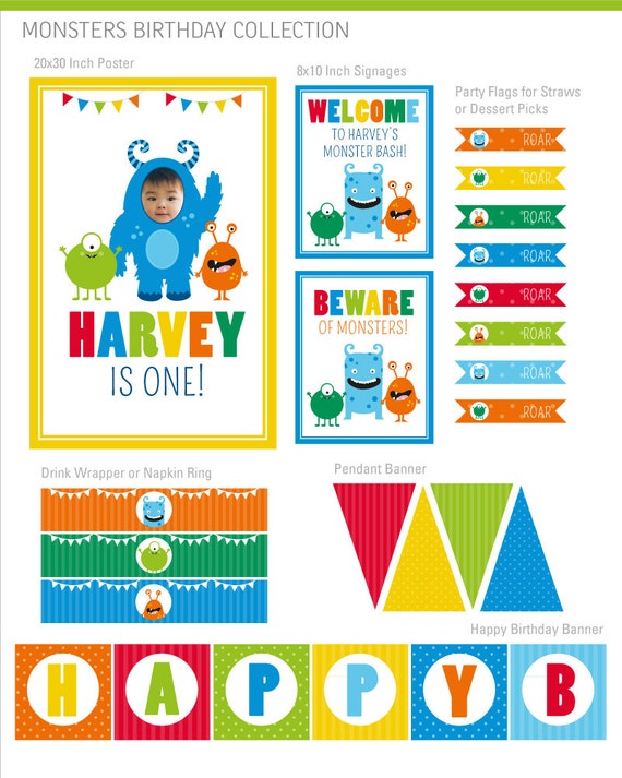 Digital Files Monsters Party Decorations Monster Birthday Etsy