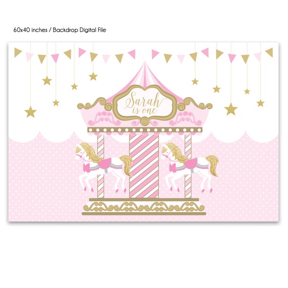 DIGITAL FILE Backdrop Poster: Carousel Birthday Printable Banner Backdrop 60x40 inches, Pink Gold Carousel Merry Go Round Birthday PDF Il_570xn