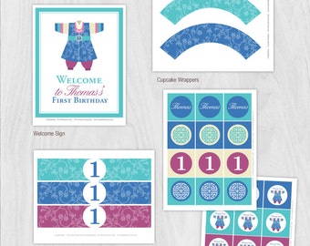 DIGITAL FILES Korean Hanbok Boy Birthday DIY Party Package by MayDetails: Full Collection Party Kit