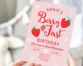 5x7 Inch Strawberry Invite, Strawberries Invitation, Girl's First Birthday, Berry First Birthday, DIY Strawberry Invitation