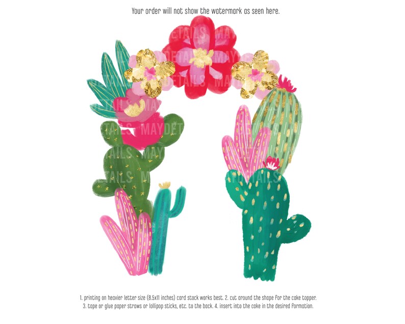 INSTANT Download Dessert Cacti Blooms cake topper, Cactus Flowers, 40th Birthday, 30th Birthday, approx. 9height x 7.5width inches image 2