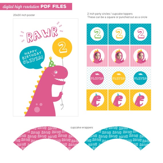 DIGITAL FILES Dinosaur Party Decorations, Girl Dinosaur Birthday, Trex, Your Custom Photo, Pink Dino Party Collection, Pink Dinosaur Party Il_570xn