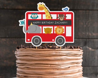 London Bus Cake Topper, Red Bus Cake Topper, Zoo Personalized Cake Topper, Trolley, Zoo Animals, approx. 6.7(height) x 8.4(width) inches