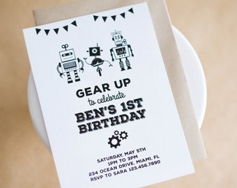 DIGITAL FILE Robot Birthday Invitation, Robot Party, Robot Theme Invite, Black and White Robot Party, 5x7inch by MayDetails