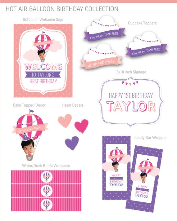 DIGITAL FILES Hot Air Balloon Party Decor, Hot Air Balloon Birthday Party Decor, Pink and Purple Girl Hot Air Balloon, Your Custom Photo Il_570xn