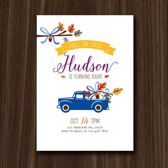 DIGITAL FILE Truck Birthday Invitation Truck Fall Invite Fall Birthday Invitation Autumn Birthday Fall Leaves Birthday Invite Il_570xn