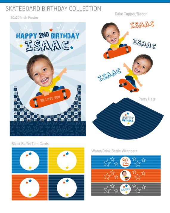 DIGITAL FILES Skateboard Party Decorations, Skateboard Party Decor, Skateboard Birthday, Skateboard Theme, Your Custom Photo, Party Kit Il_570xn